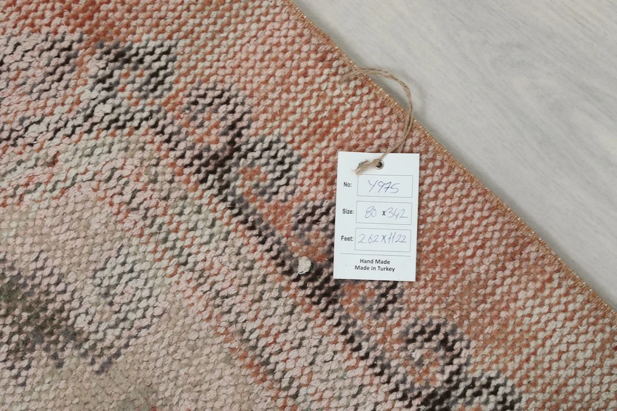 Close-up of the rug's reverse side with a tag displaying the size and origin information