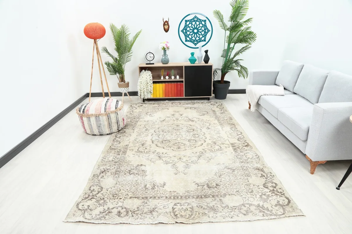 Vintage beige and gray Anatolian rug displayed in a living room setting with a sofa and plants