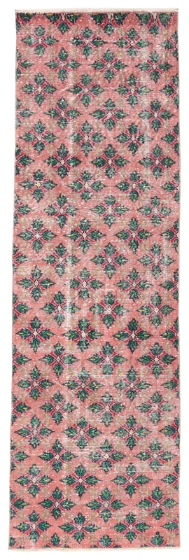 Full overhead view of the rose and green geometric vintage Anatolian runner rug